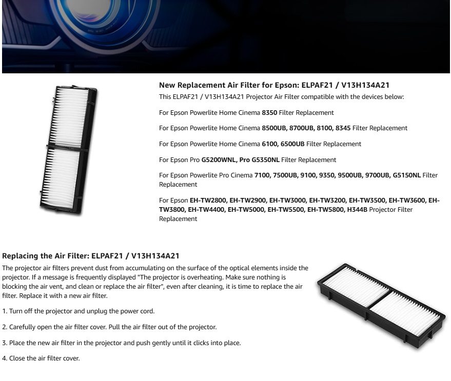 Replacement ELPAF21 Air Filter - Home Cinema Epson recension och pris